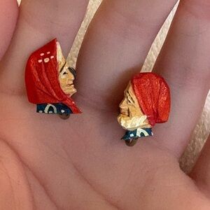 Vintage Hand-Carved Wooden Folk Earrings - Red Babushka Design
